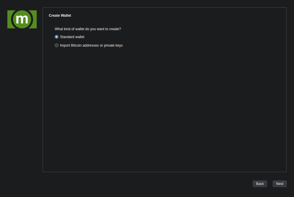 Memo wallet creation screen with standard and import options