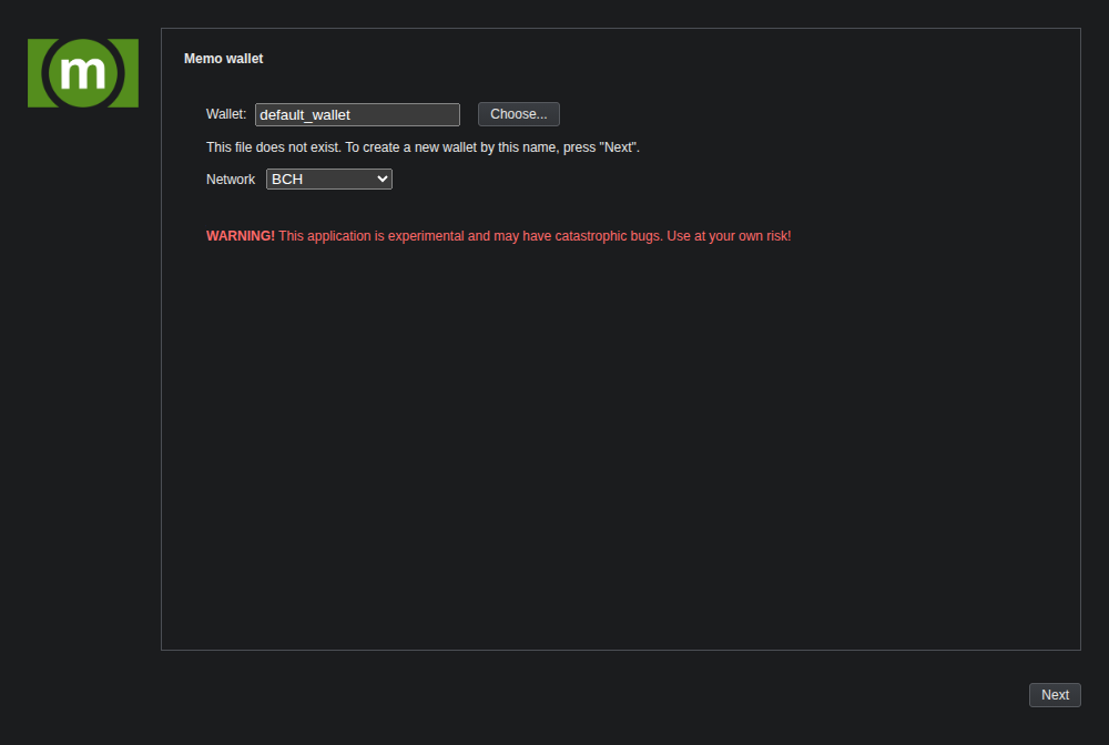 Memo wallet opener showing wallet and network selection